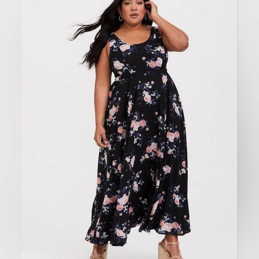 Torrid Black blue and pink Floral Georgette Maxi Dress plus size 1X 1